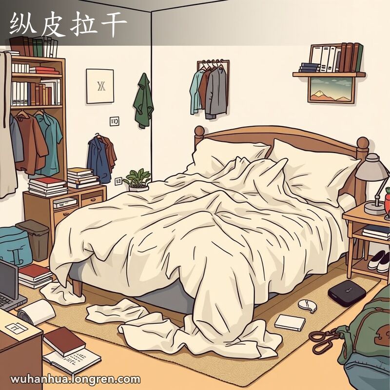 一间卧室内，床上的床单极度皱巴，显得非常凌乱和不整洁，体现了“纵皮拉干”的意思。