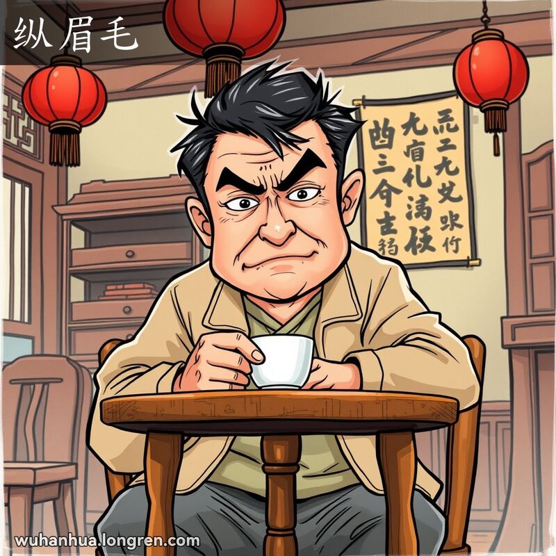 一位中年武汉男子坐在茶馆里，眉头紧锁，表情焦虑，背景是传统的中国装饰。