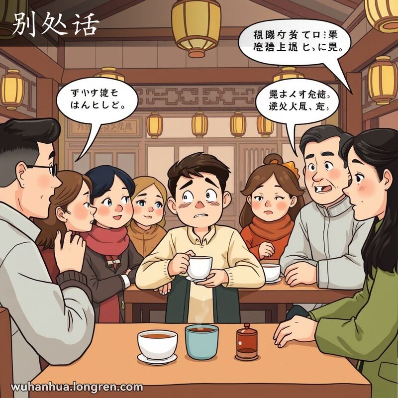 一群来自不同地区的人在武汉茶馆里用各种方言交谈，武汉本地人露出好奇和困惑的表情，背景是传统的武汉建筑。