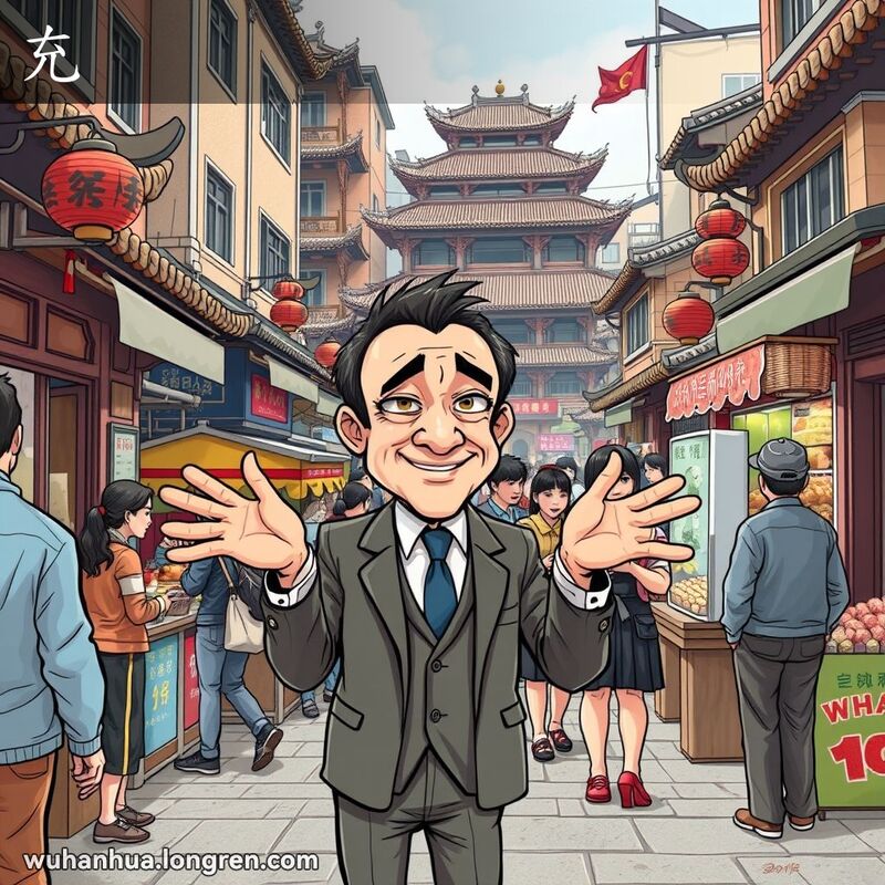 一位男子在武汉街头冒充内行，背景是热闹的街景和老建筑