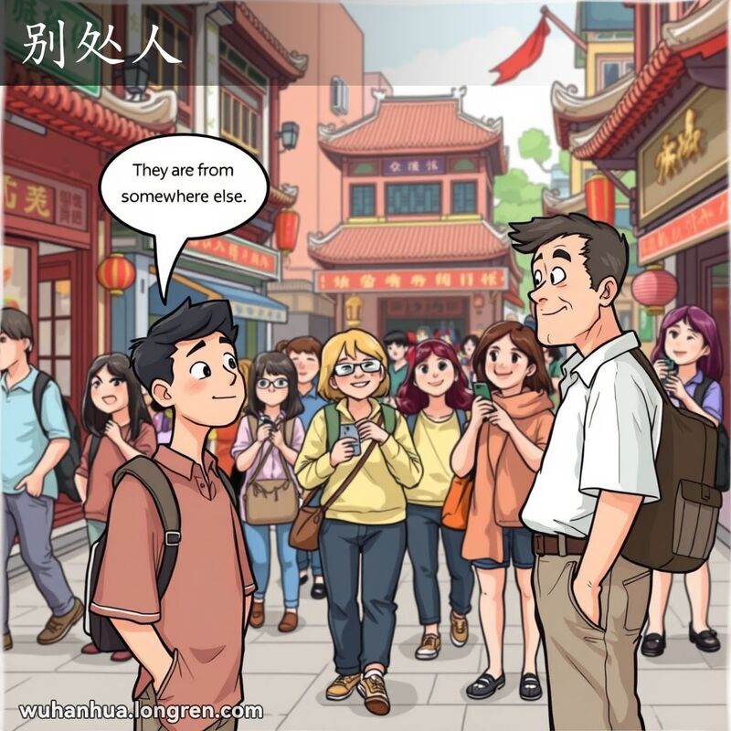 一位武汉市民站在街道上，望着一群外地游客，背景是武汉的传统建筑和本地商店