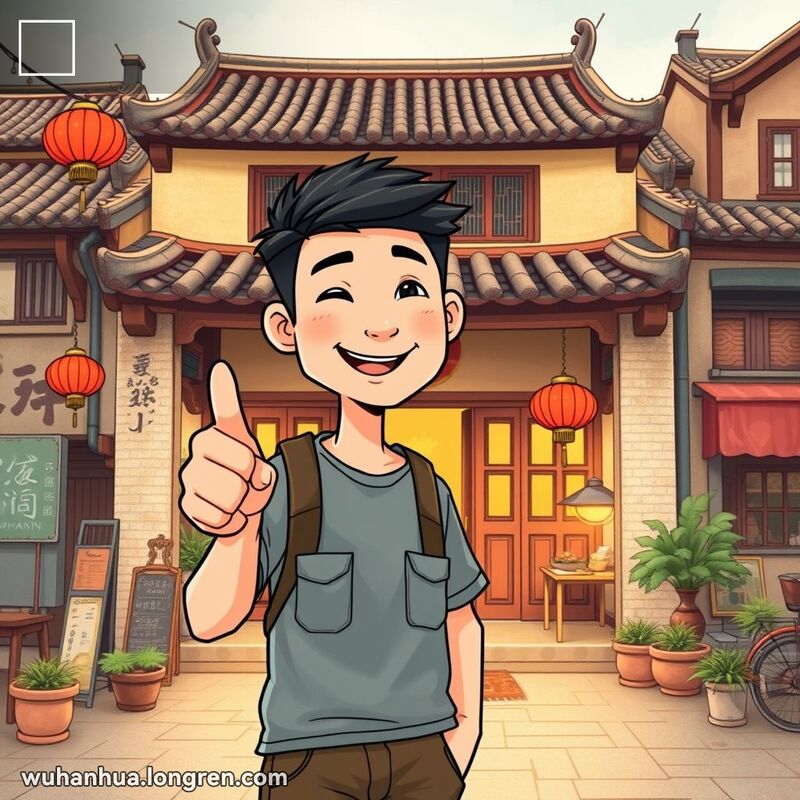 一位年轻男子站在传统武汉庭院前，指着一栋温馨的房子，表情友善，姿态自豪，背景是武汉的经典元素