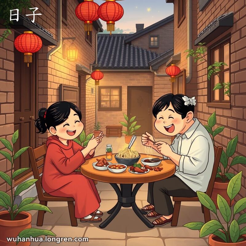 一家三口在武汉老街坊的小院里享受晚餐，背景是宁静的夜晚和温馨的家庭氛围