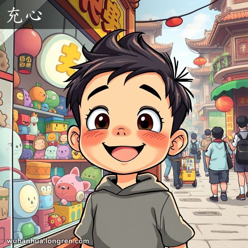 一个小男孩站在玩具店前，看着玩具露出“充心”的表情，背景是繁忙的武汉街景