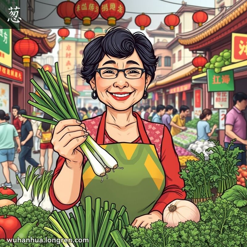 武汉市场摊位上，一位中年妇女手持新鲜小葱，背景是繁忙的街道和传统建筑。