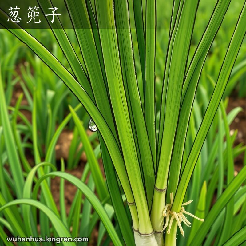 一株生机勃勃的小葱，茎部细长、叶片鲜绿，背景是绿油油的田野