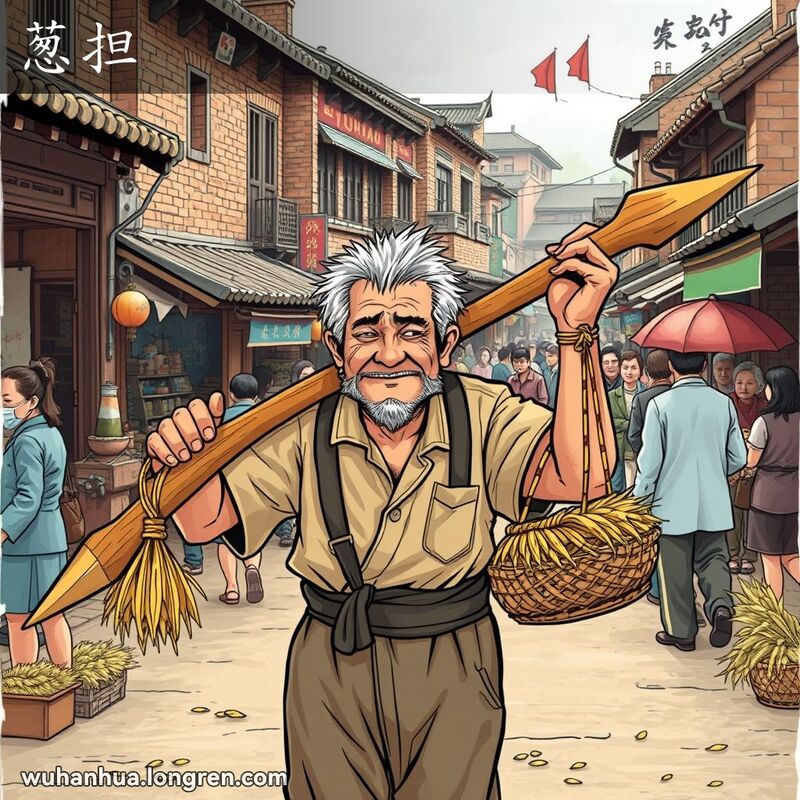 一位农民在武汉街市中肩挑两头尖的木扁担，扁担两端挂着装满稻谷或麦子的篮子，背景是热闹的老街市场。