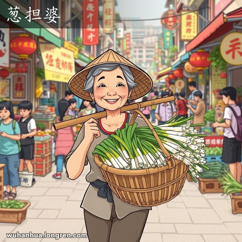 一位中年妇女在武汉街市上肩挑竹篮卖葱，背景是热闹的市场。