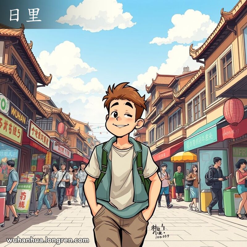 武汉街道白天的景象，年轻男子悠闲漫步，背景有市场和老建筑，天空晴朗。