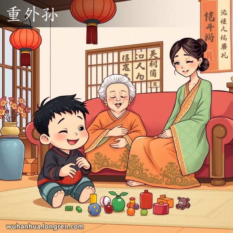 一个小男孩在地板上玩耍，外婆和妈妈在一旁微笑看着，背景是传统的中国装饰