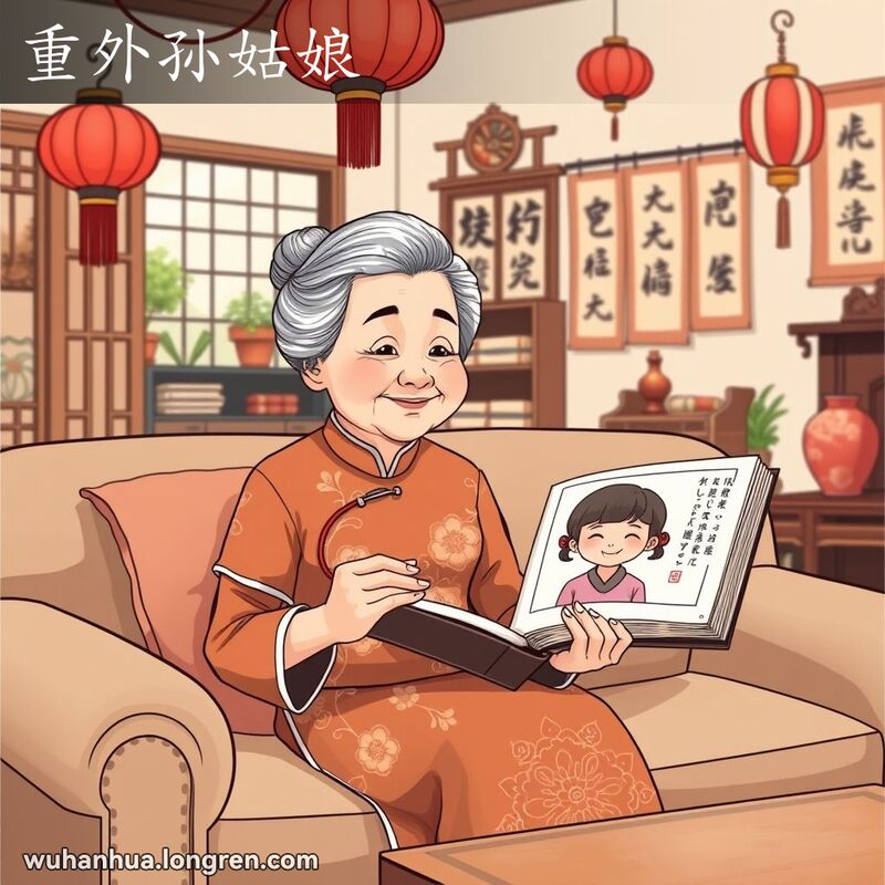 一位穿着旗袍的老奶奶坐在沙发上，手捧相册，相册里是她外孙女的照片，背景是传统的武汉家庭装饰