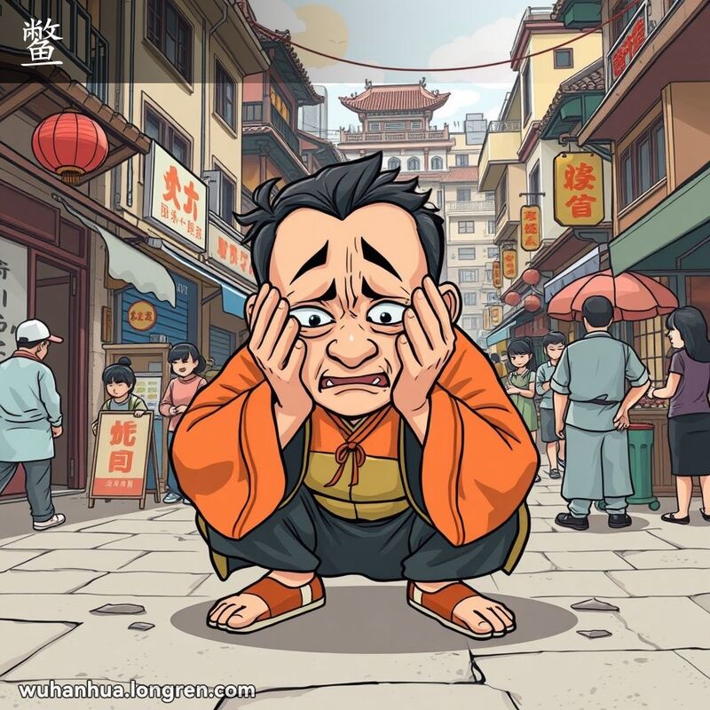 一位武汉男子蹲在地上，双手抱头，表情夸张地显示出害怕和可怜的样子，背景是热闹的武汉老街。