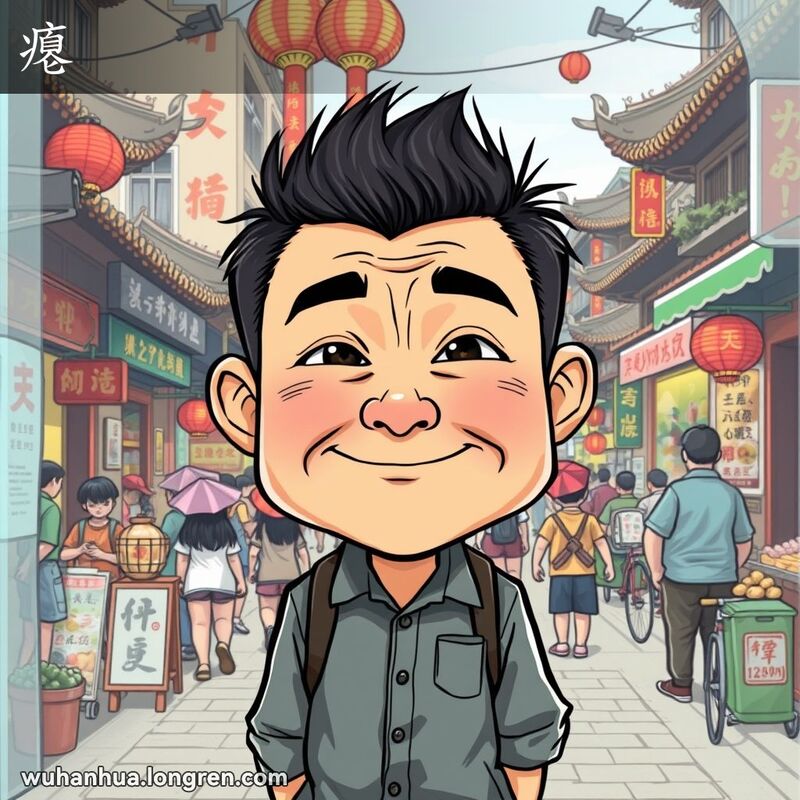 一位武汉市民在街头，脸被压扁，表情夸张扭曲，背景是热闹的武汉老街