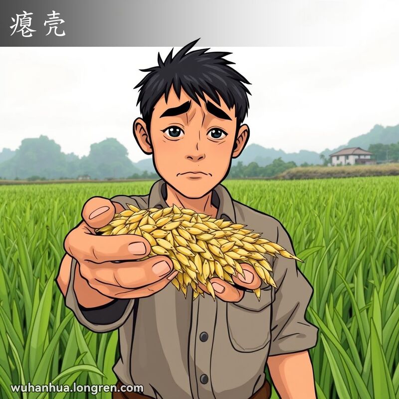 一位武汉农民站在田野中，手捧一把空瘪的稻谷，神情忧虑，背景是茂盛的稻田和微微阴沉的天空。