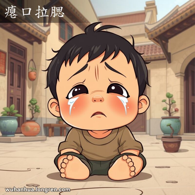 一位武汉小孩坐在地上哭泣，嘴角下拉，脸颊紧绷，表现出“瘪口拉腮”的表情，背景是传统的武汉院落