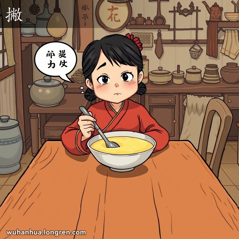 一位武汉妇女坐在厨房桌旁，看着一碗淡而无味的汤，脸上露出失望的表情，背景是老式厨房用具和装饰。