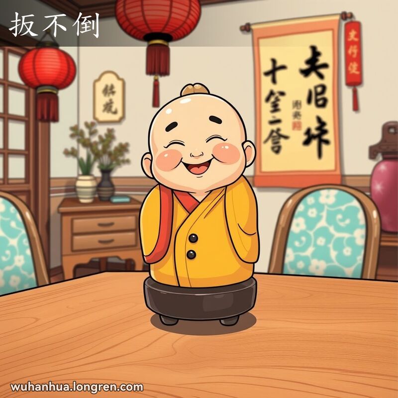 传统中国玩具不倒翁在古色古香的家庭场景中摇摆，背景有红灯笼和卷轴画