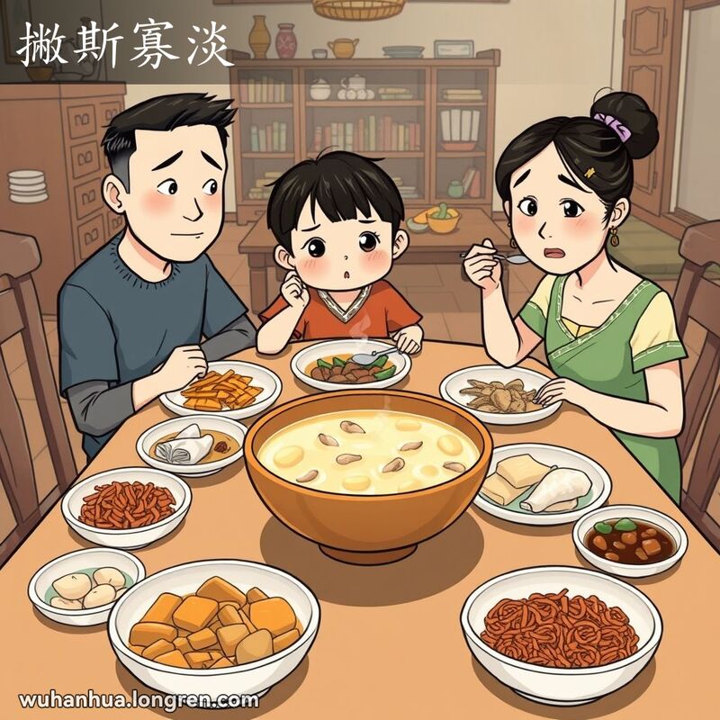 一个武汉家庭围坐在餐桌旁，看着一碗淡而无味的汤，露出失望的表情。