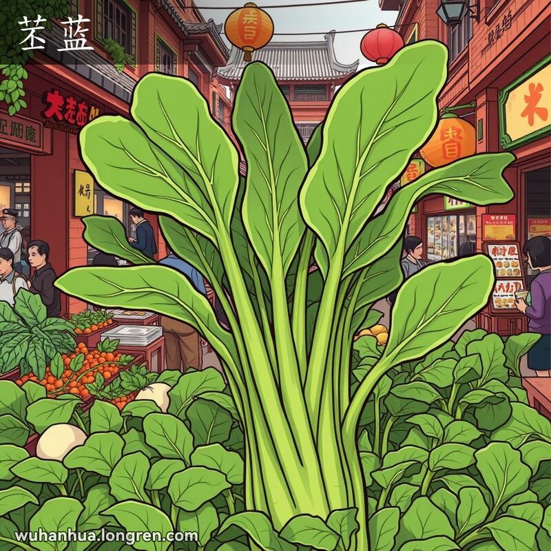 武汉市场中的蔬菜摊，摊位上摆满了新鲜的苤蓝，背景是武汉传统的市场景象