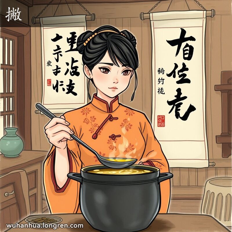 一位年轻女子在传统中式厨房中，手持大勺轻轻地从汤锅表面撇去浮油，背景有书法作品突出汉字的左斜下笔画