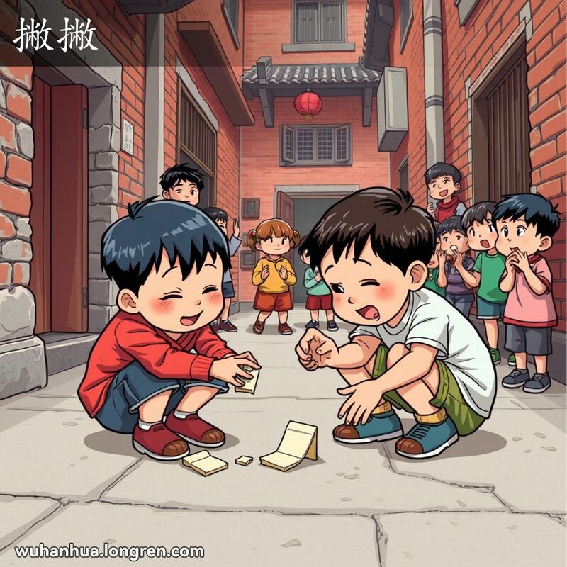 一群孩子在武汉老巷子里玩“撇撇”，两个孩子蹲在地上，一个孩子正小心翼翼地将自己的“撇撇”贴在地上，另一个孩子则试图用自己的“撇撇”去翻或插对方的。