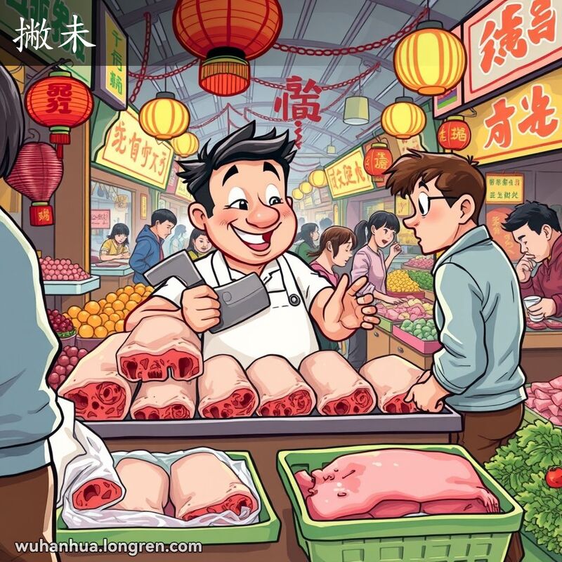 武汉传统市场中，屠夫在摊位前向顾客介绍猪肉，背景是热闹的市场景象