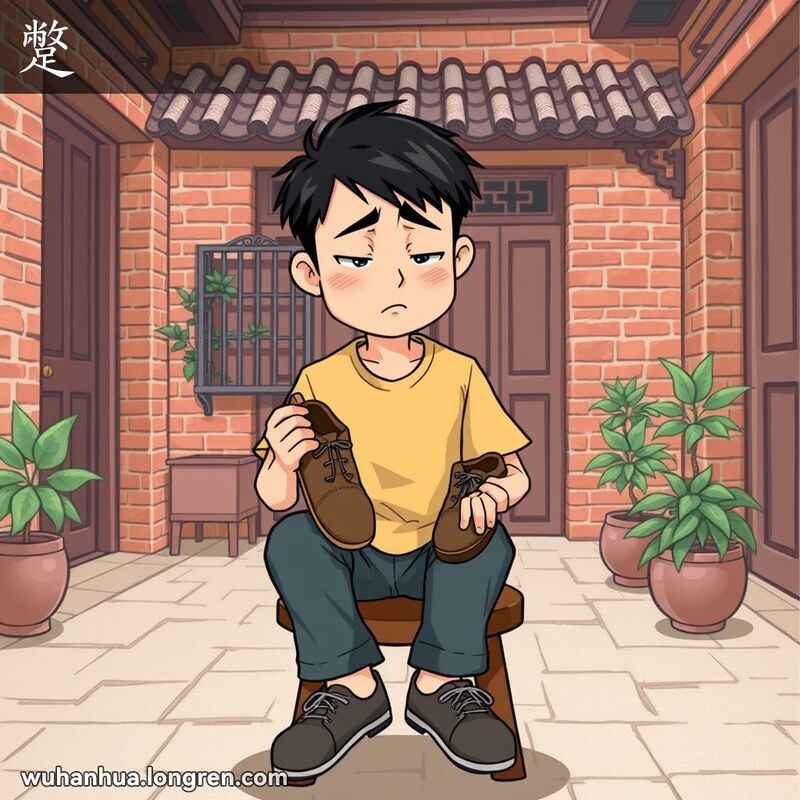 一位武汉年轻人坐在老式庭院的木凳上，穿着变形的鞋子，脸上露出沮丧的表情，手里拿着鞋子检查。