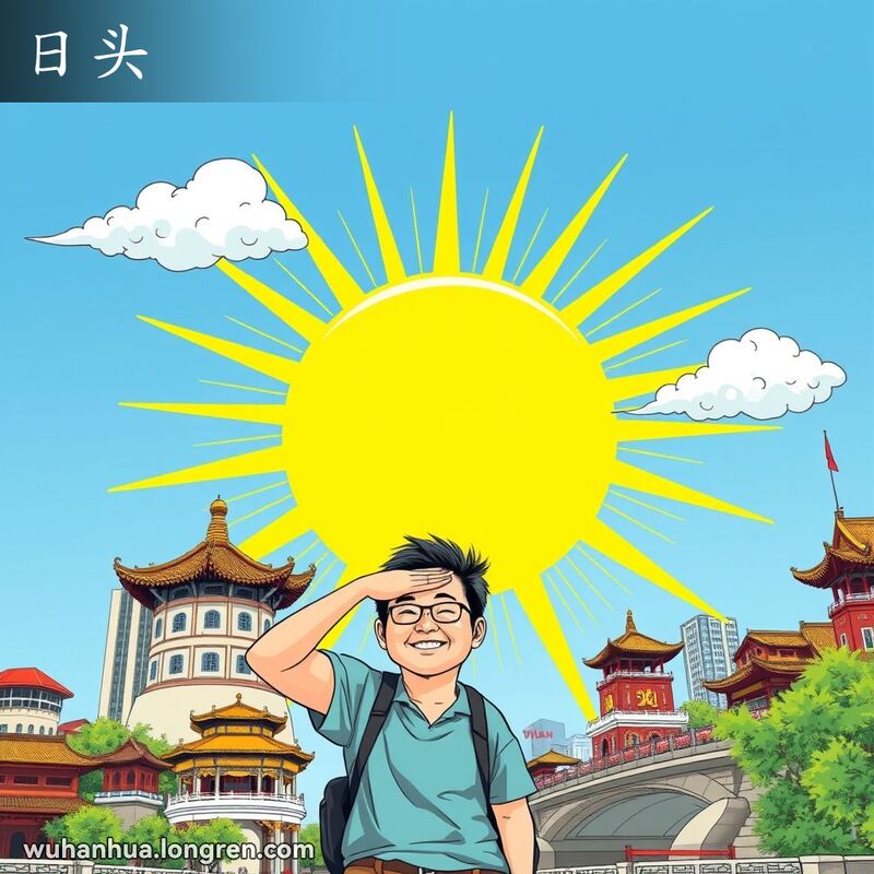 武汉的阳光明媚的一天，太阳炽热，居民眯眼遮挡阳光，背景是黄鹤楼和长江。