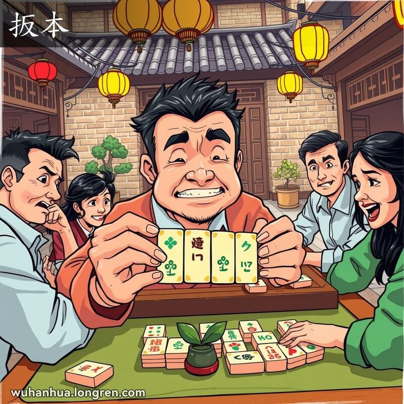 一位中年男子在麻将桌前准备翻盘，其他玩家观望，背景是武汉老院子