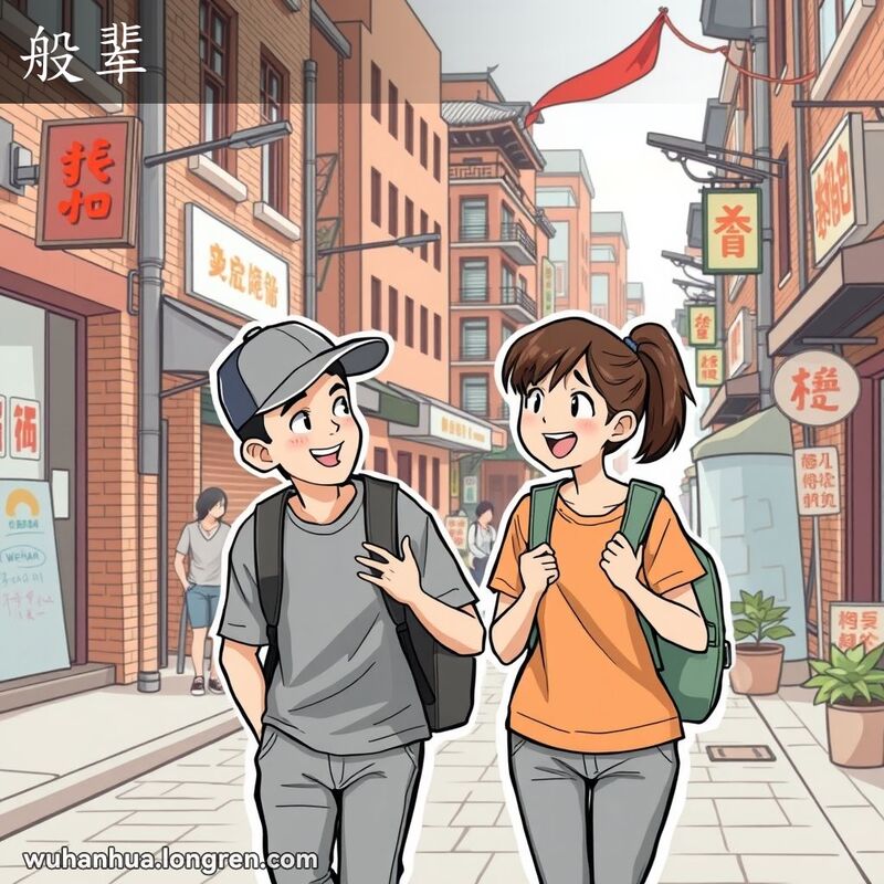 两位年轻朋友在武汉街道上并肩而行，热烈交谈，体现“般辈”的平等友好关系