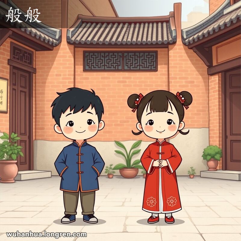 两个小孩子并排站在武汉传统庭院中，穿着相似的传统服装，身高相同，背景是武汉老街的传统建筑