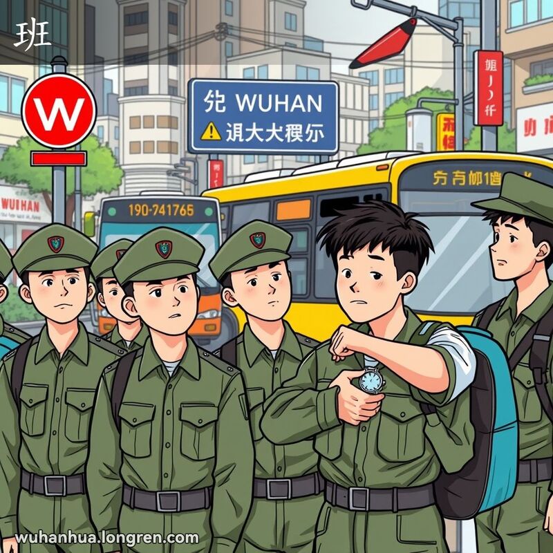 一群年轻士兵整齐排列，背景中公交车驶入站点，一位市民看着手表