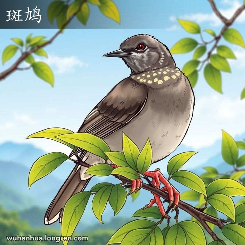 一只灰褐色的斑鸠站在树枝上，颈后有白色或黄褐色斑点，嘴短，脚淡红色，背景是绿叶和蓝天