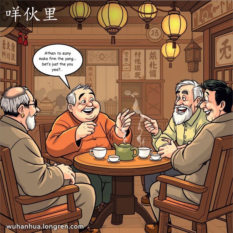 一群武汉老友在茶馆聚会，一位男子用幽默的隐语指向姓杨的朋友，称其为“咩伙里”，背景有传统茶具和小吃