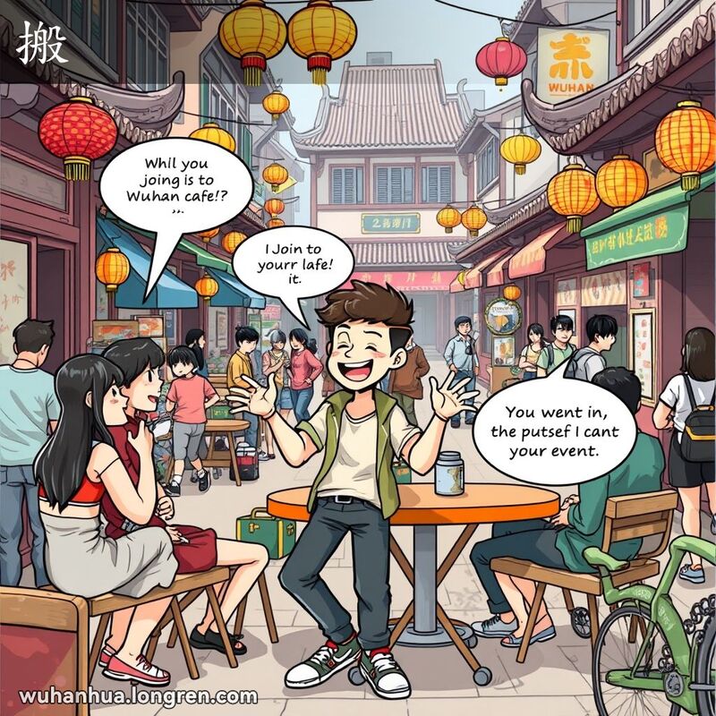 一群朋友在武汉街头咖啡馆聚会，主角热情邀请其他人加入，背景是传统街景。