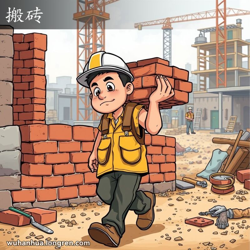 一位武汉建筑工人扛着砖块走向砖墙，背景是繁忙的施工现场