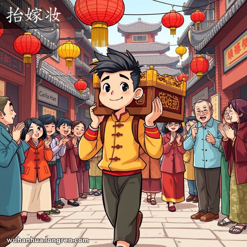 年轻男子肩扛嫁妆木箱，走在武汉老街上，周围亲友欢呼鼓掌，背景有传统建筑和灯笼