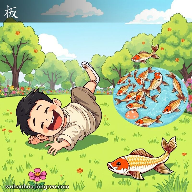 一个小男孩在草地上翻滚，背景是公园和鲤鱼产卵的场景