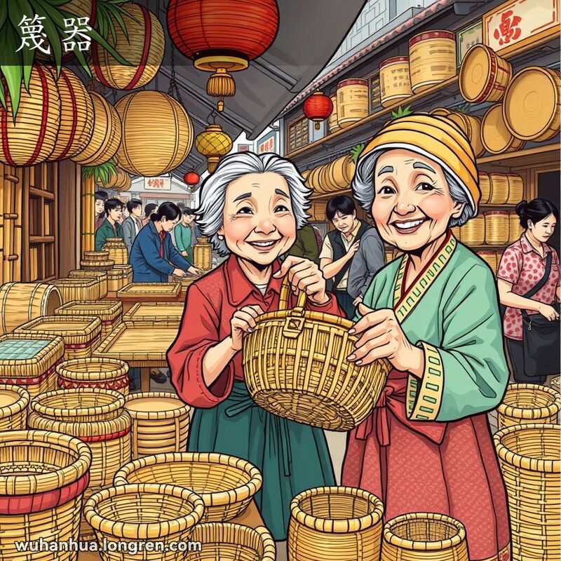 武汉街市上的竹编器物摊位，摊主展示竹篮，背景有其他竹编产品和顾客