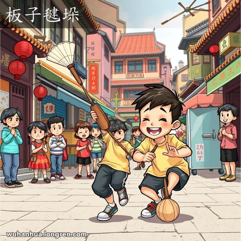 武汉男孩用小木板玩毽子，展示各种动作，背景有其他孩子观看和欢呼