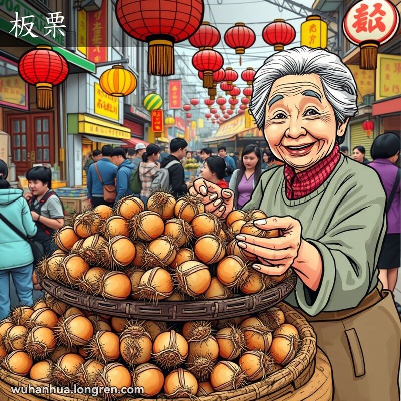 武汉街头市场，摊位上摆满板栗，摊主老妇人手拿板栗邀请路人品尝，背景是热闹的市场场景