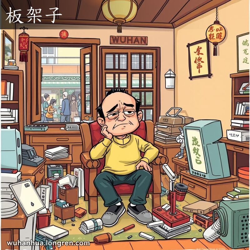 一位男子在武汉风格的客厅里反复摆弄物品，表情烦躁，背景有传统装饰和街景