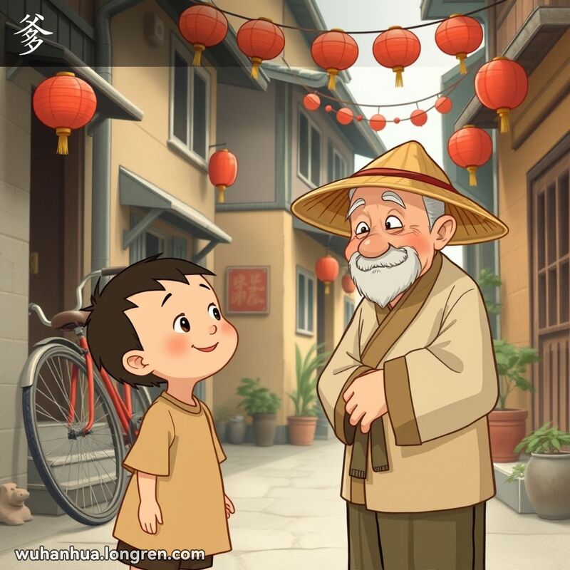 一位老人和孩子站在武汉老街景中，孩子抬头望着老人，背景有自行车、红灯笼和盆栽