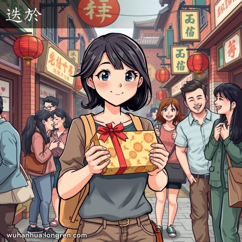 一位年轻女子在武汉街头市场特意为朋友购买礼物，背景是热闹的老街景