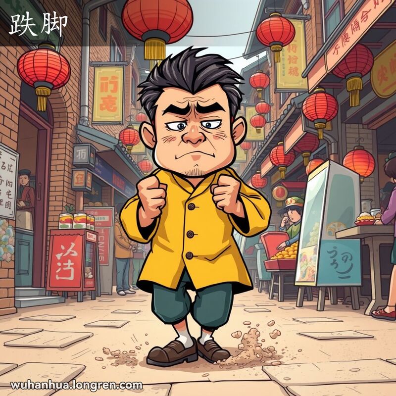 一位武汉男子在街市中因愤怒而用力跺脚，背景是武汉老街景