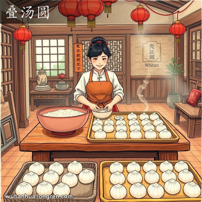 一位妇女在传统厨房中制作汤圆，背景有红灯笼和新年装饰