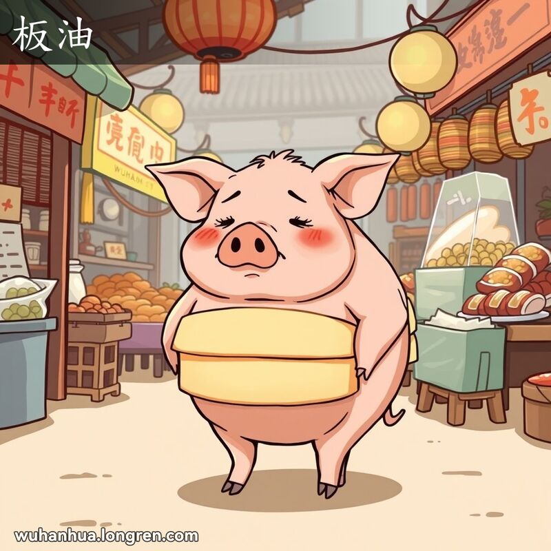 一只站在武汉市场中的猪，身上有夸张的板状脂肪层，表情幽默羞涩，背景是热闹的市场摊位和小吃。
