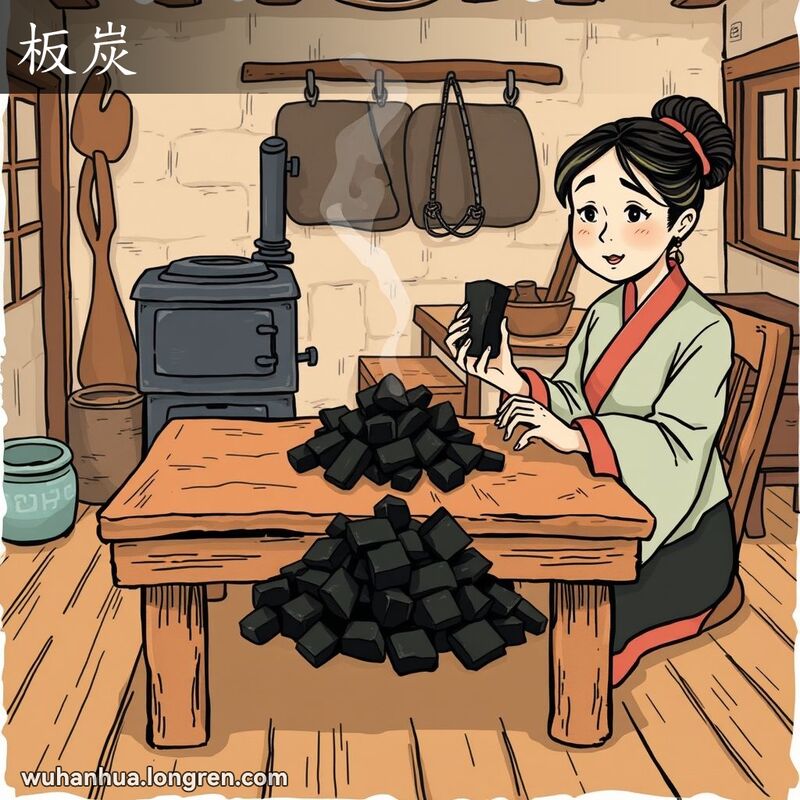 一位妇女在传统武汉厨房中查看木炭，背景有老式炉灶和厨房用具