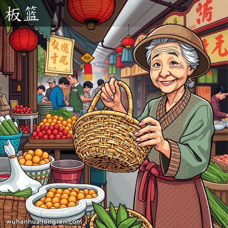 武汉街市摊位上展示编织紧密的竹篮子，摊主微笑展示给顾客，背景是热闹的市场