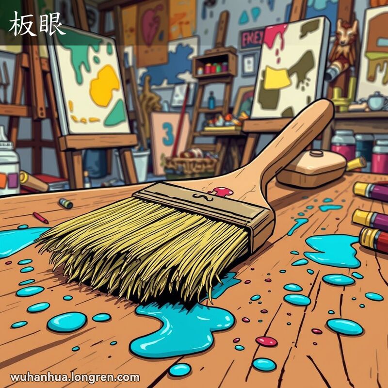 一支用旧的画笔躺在木桌上，笔毛掉落，露出光秃秃的木柄，周围散落着颜料滴和小水坑，背景是凌乱的画室
